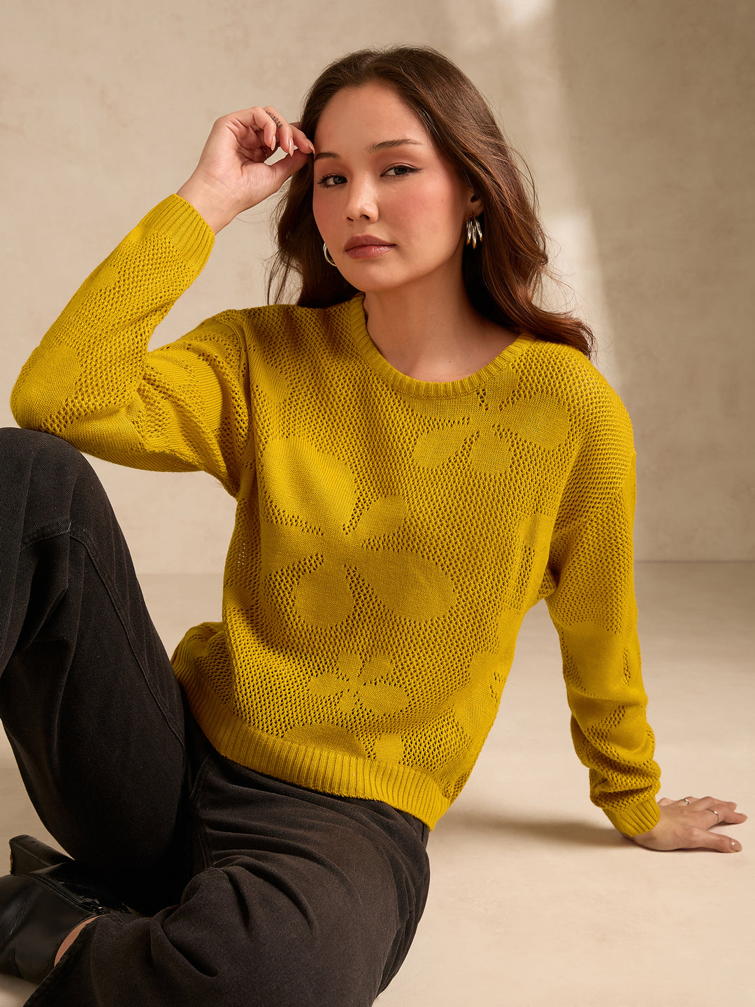 Mustard Bold Floral Print Sweater