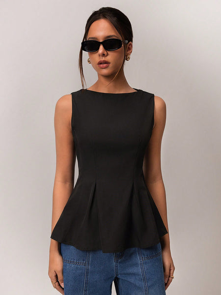 Shop Black Sleeveless Inverted Pleat Peplum Top - for Women
