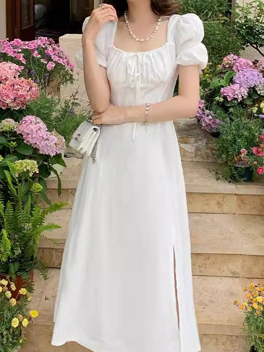 White Square Neck Midi Dress With Puff Sleeve