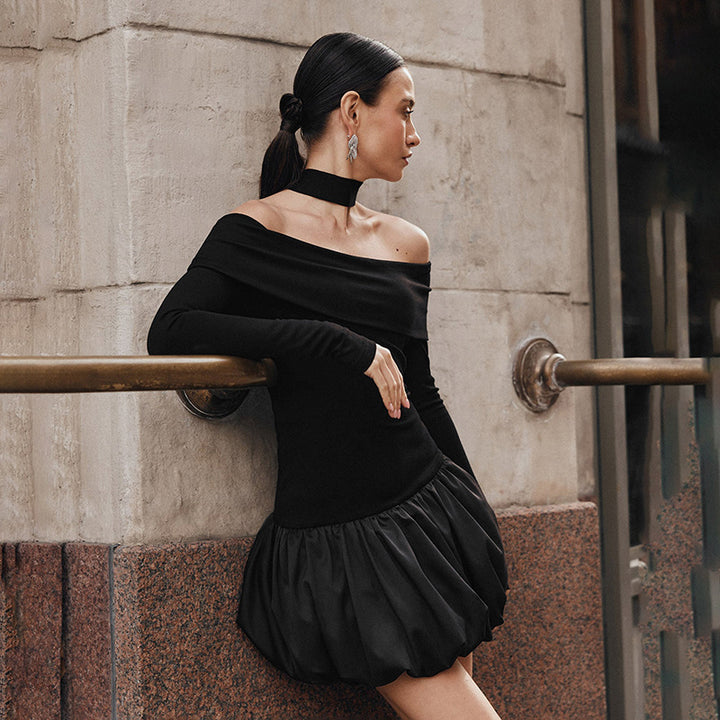 Black Bardot Top With Neck Tie Up Fitted Top