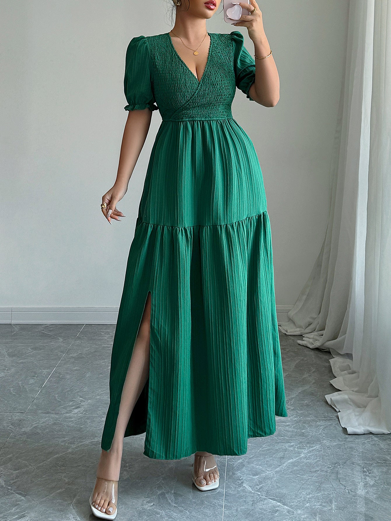 Green Plunge Neck Tiered Dress