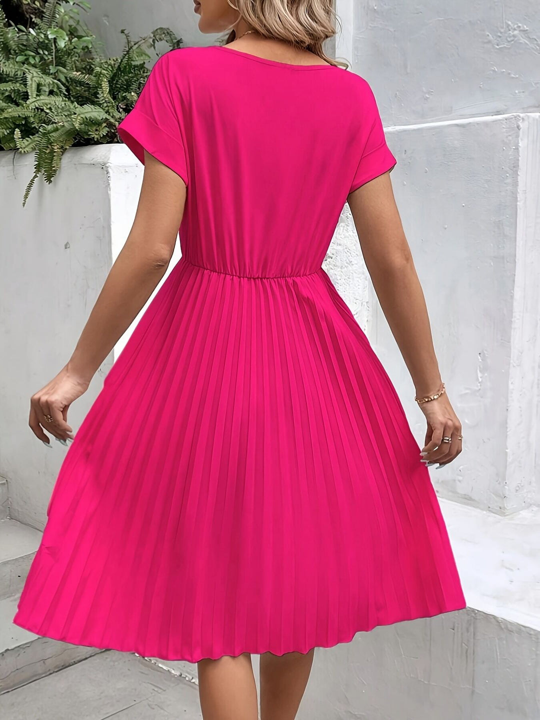 Pink Pleated Flared Dress