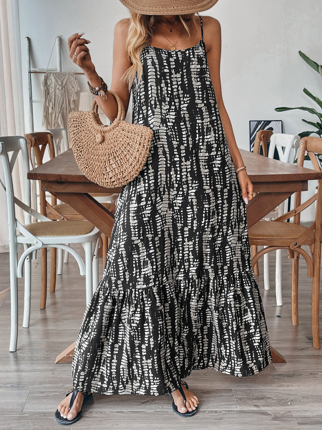 Black Strappy Printed Maxi Dress