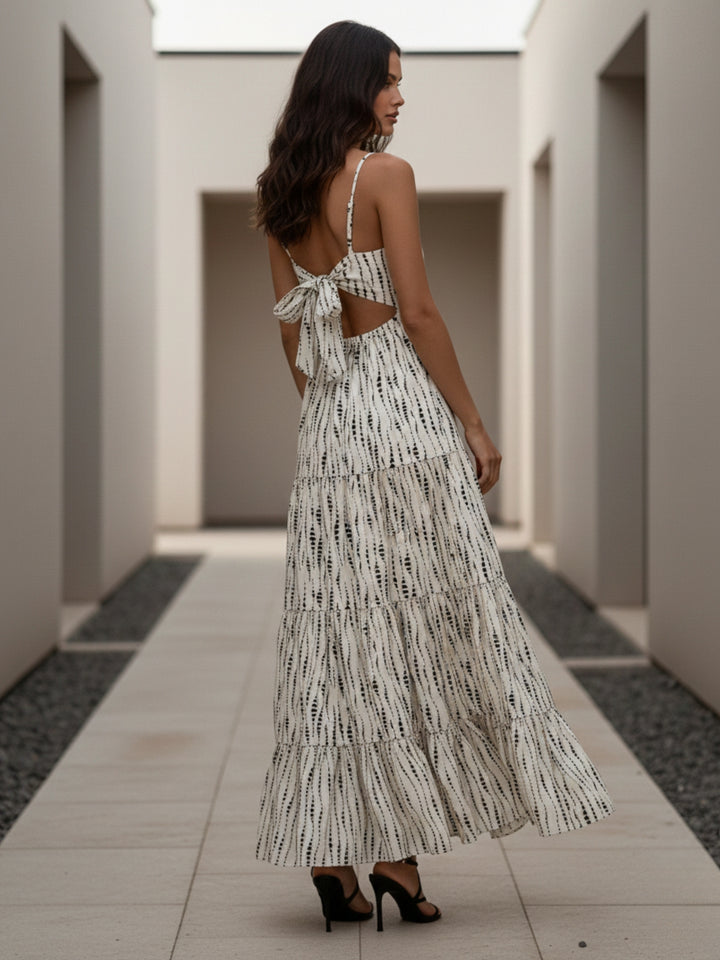 Cream Shoulder Strap Back Bow Tiered Dress