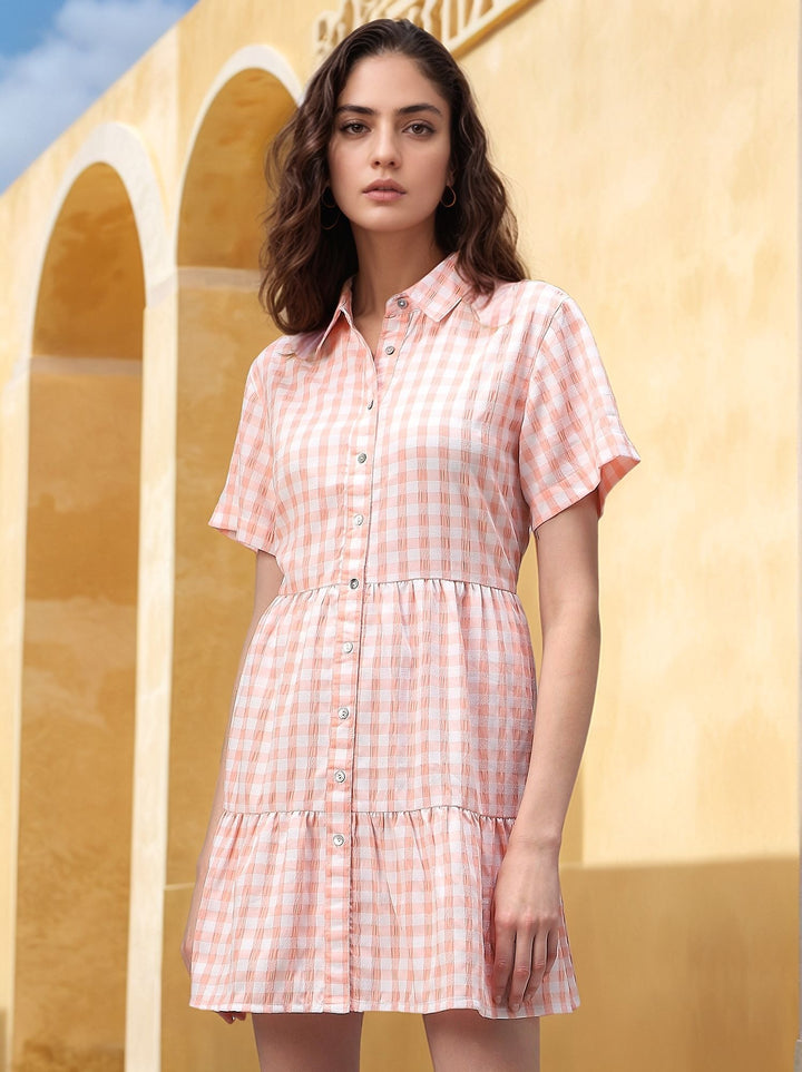 Peach Checkered Tiered Dress
