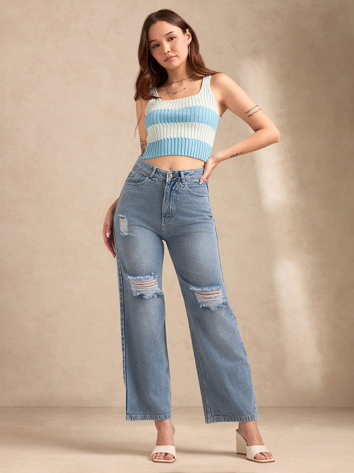 Blue Baggy High-Rise Mildly Distressed Stretchable Jeans