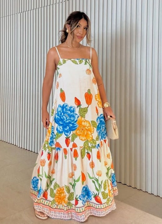 White Spaghetti Strap Floral Printed Dress