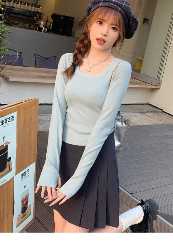 Light Blue Full Sleeve Round U Neck Fitted Top