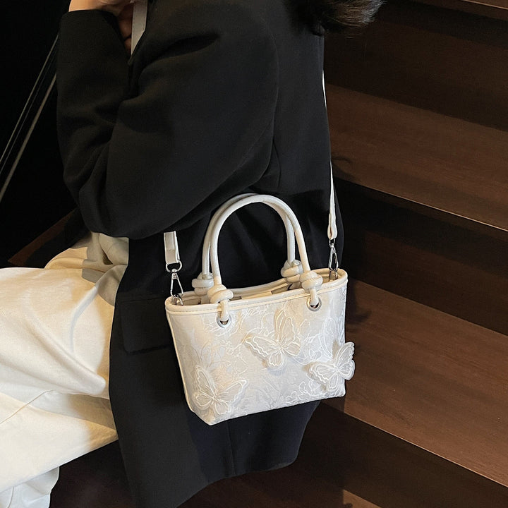 White Butterfly Embossed Hand Bag