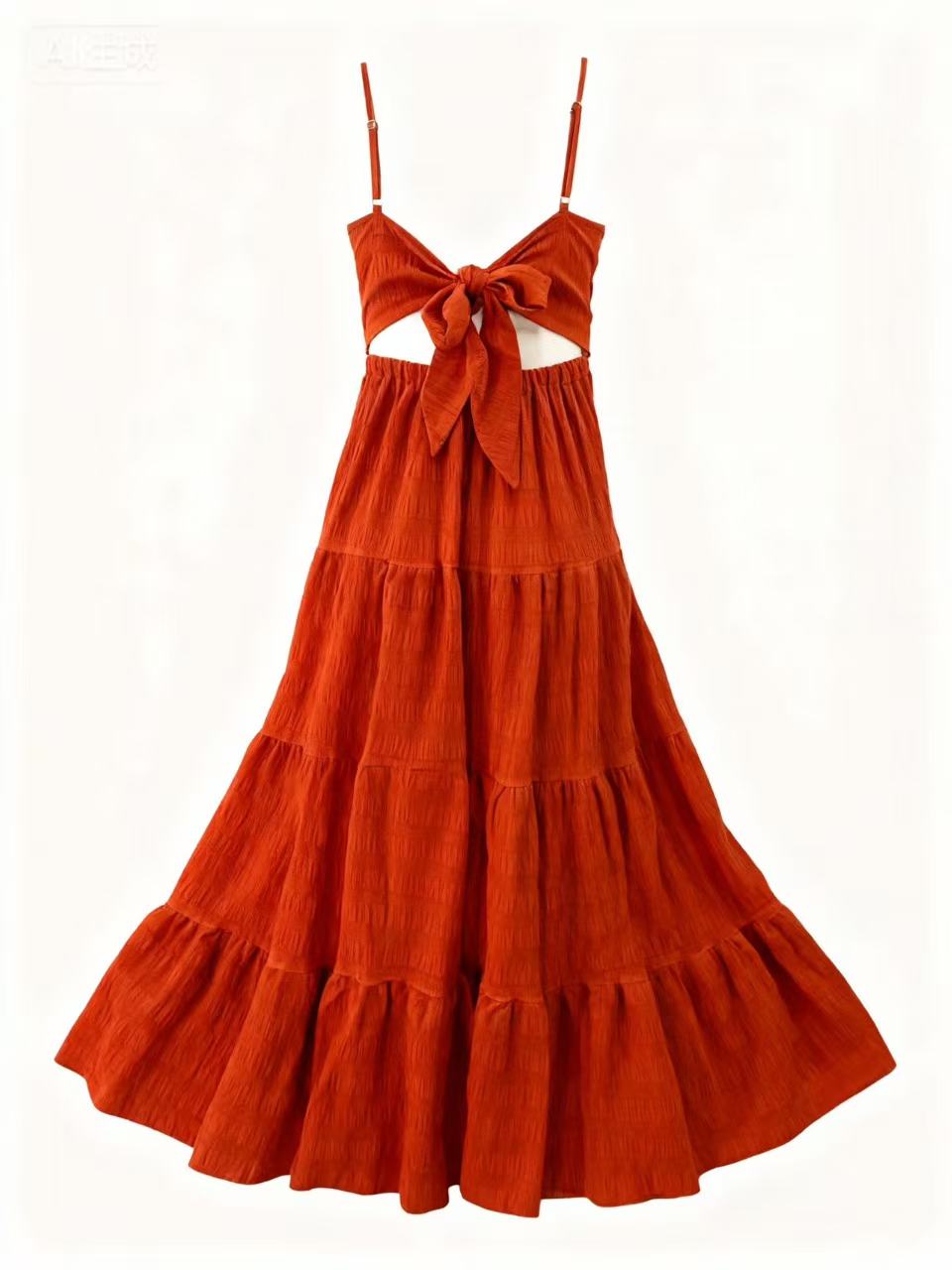 Orange Shoulder Strap Back Bow Tiered Dress