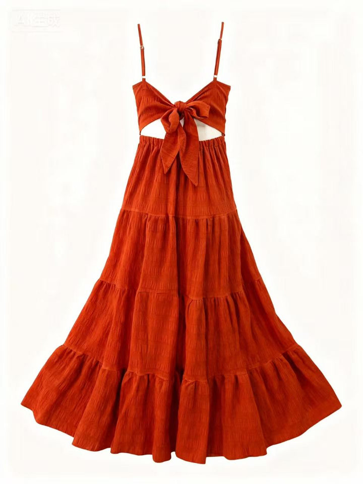Orange Shoulder Strap Back Bow Tiered Dress