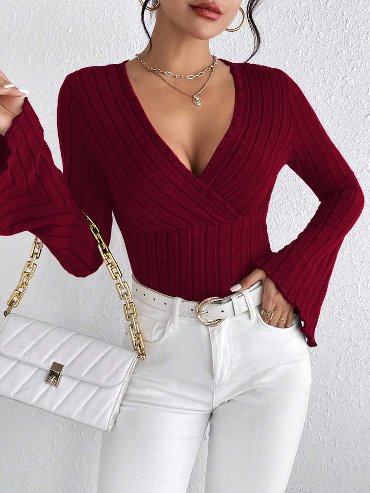 Wine V-Neck Bell Sleeved Knit Top