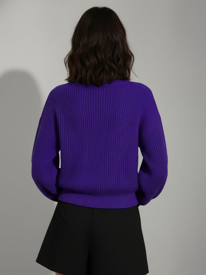 Purple Full Sleeve V Neck Front Bow Sweater