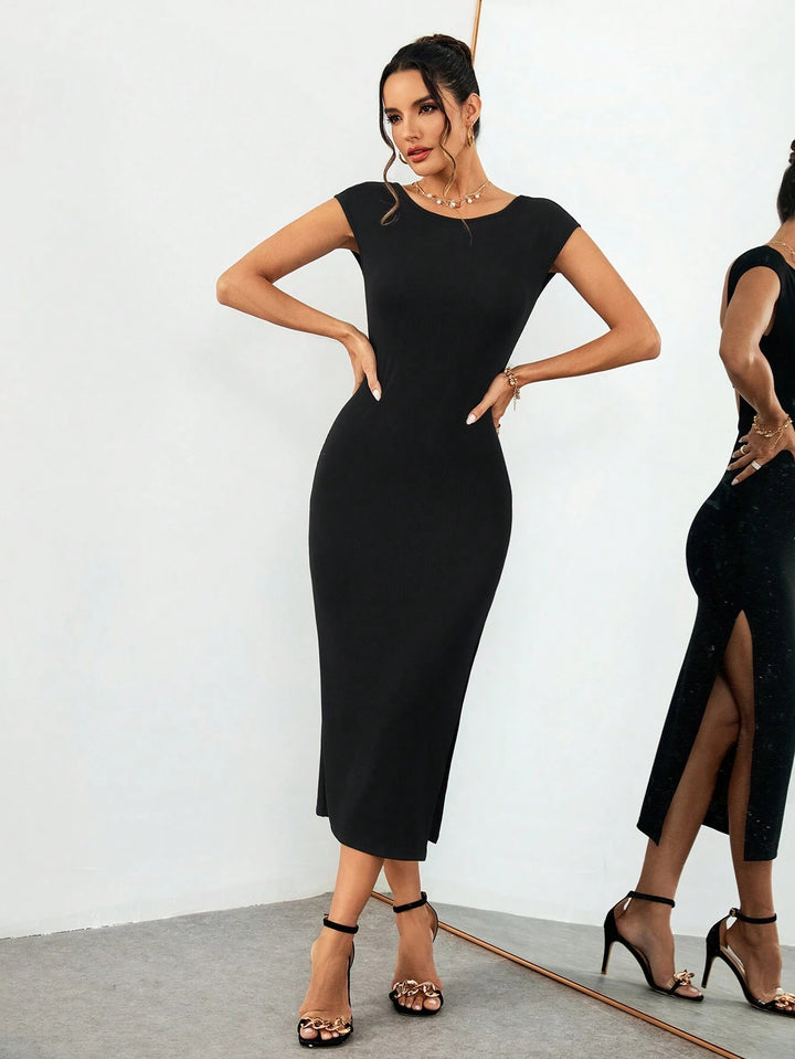Black Deep Back Solid Slit Dress