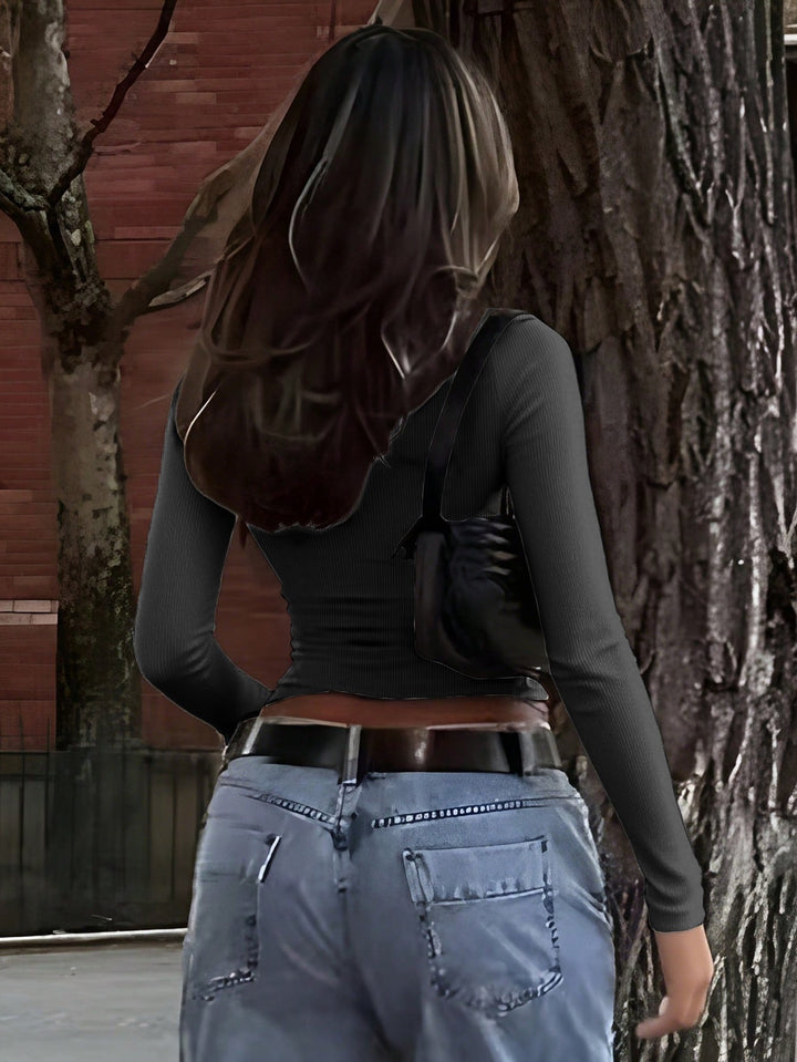 Black Full Sleeve Round Neck Crop Top