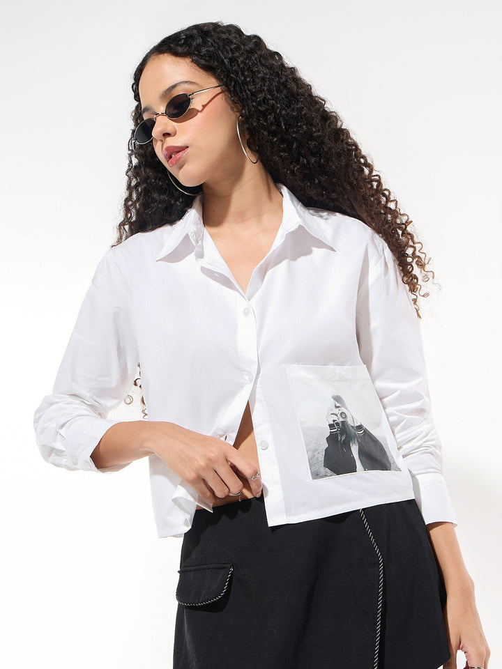 White Cropped Printed Shirt