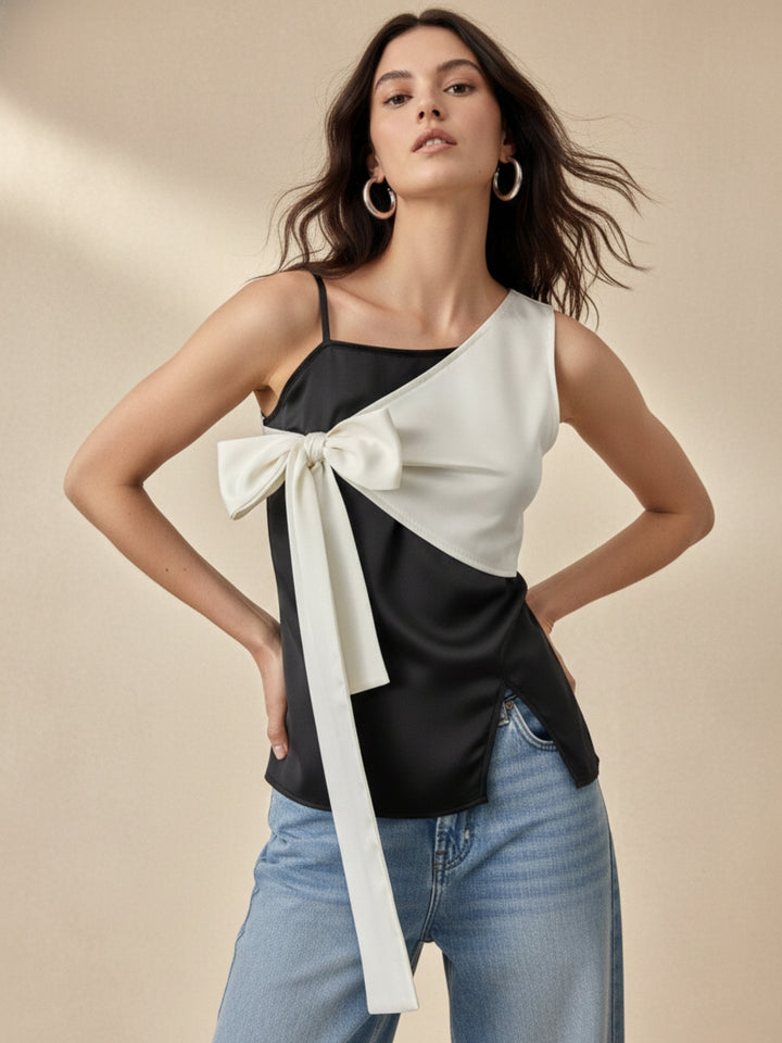 Black Fitted Top With Contrast Tie Up Bow Detail