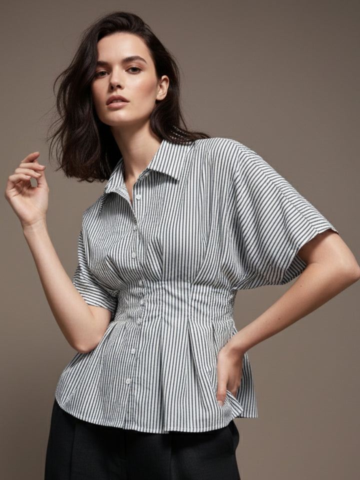 Blue Short Sleeve Waist Fitted Shirt