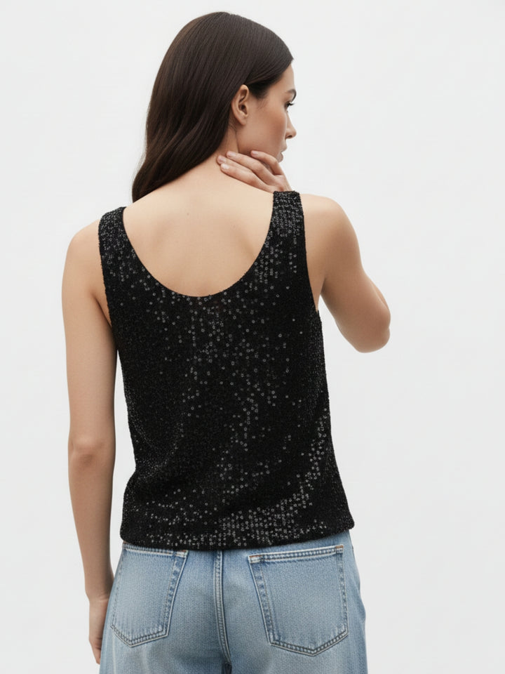 Black Shoulder Strap Sequined Top