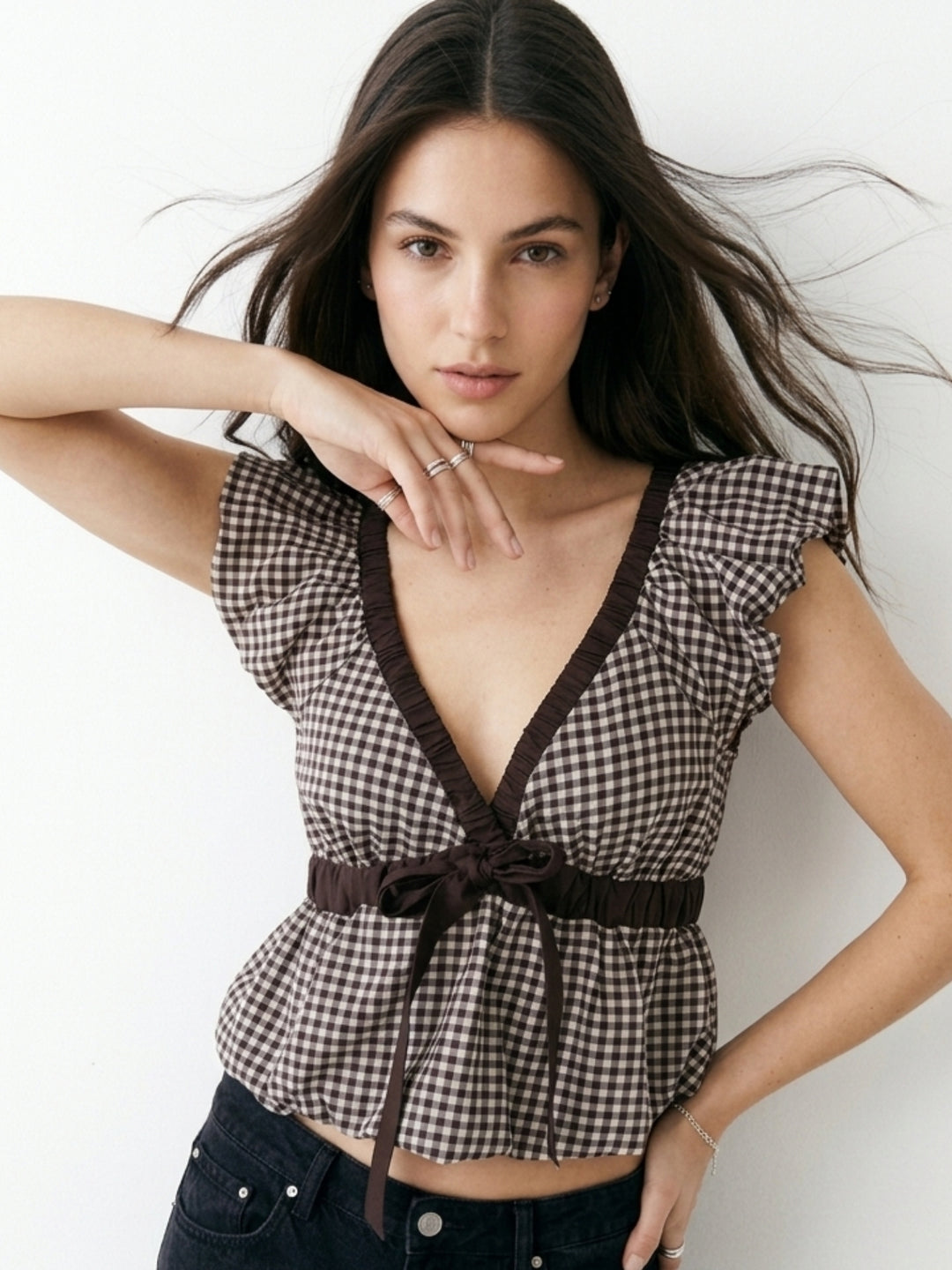 Brown Ruffle Sleeve Front Bow Top
