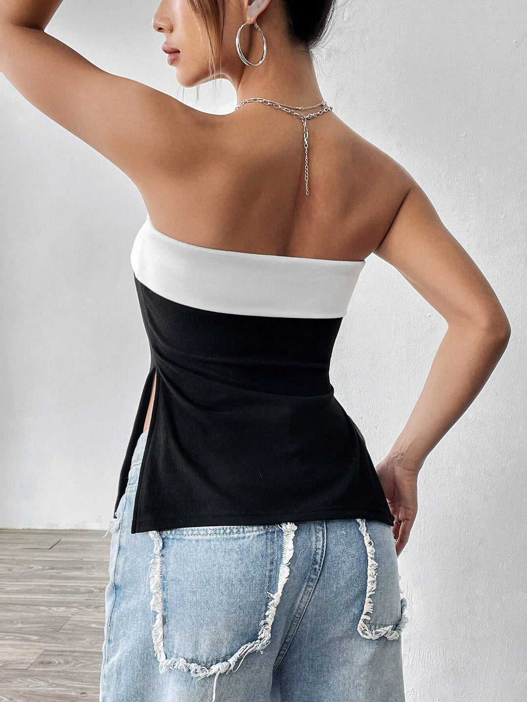Black Strapless Colour Block Top