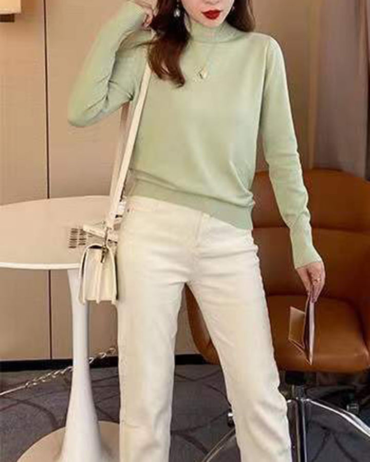 Light Green Full Sleeve Mock Neck Fitted Sweater