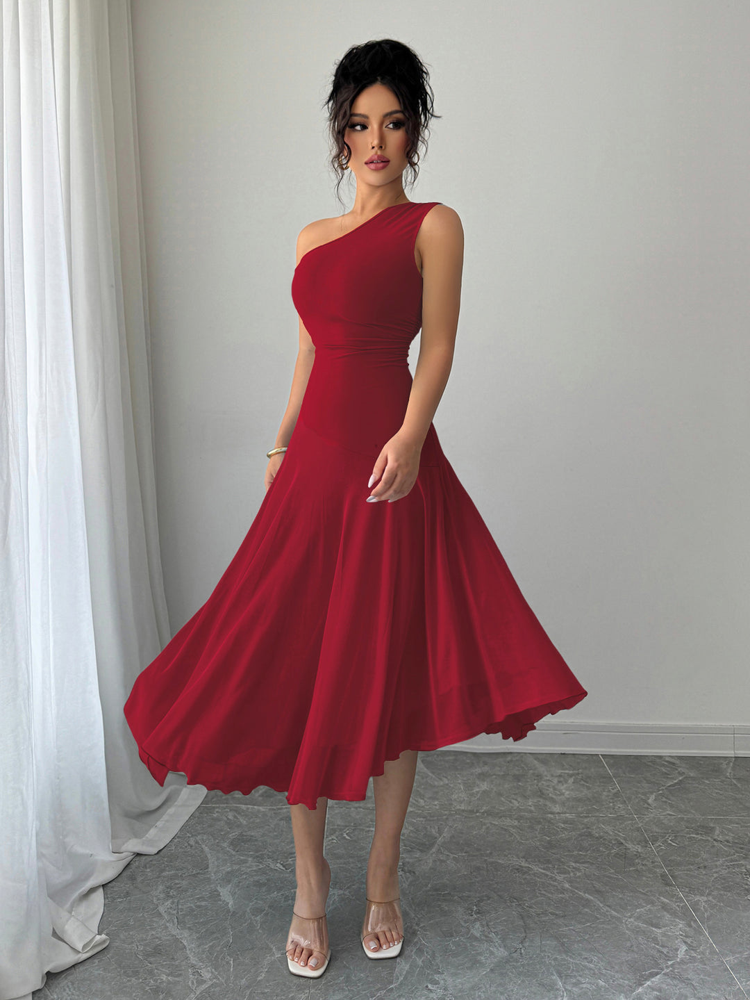 Red  One Shoulder Sleeveless Pleated Dress