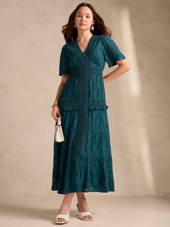Teal Plunge Neck Jacquard Tiered Dress With Lace Detail