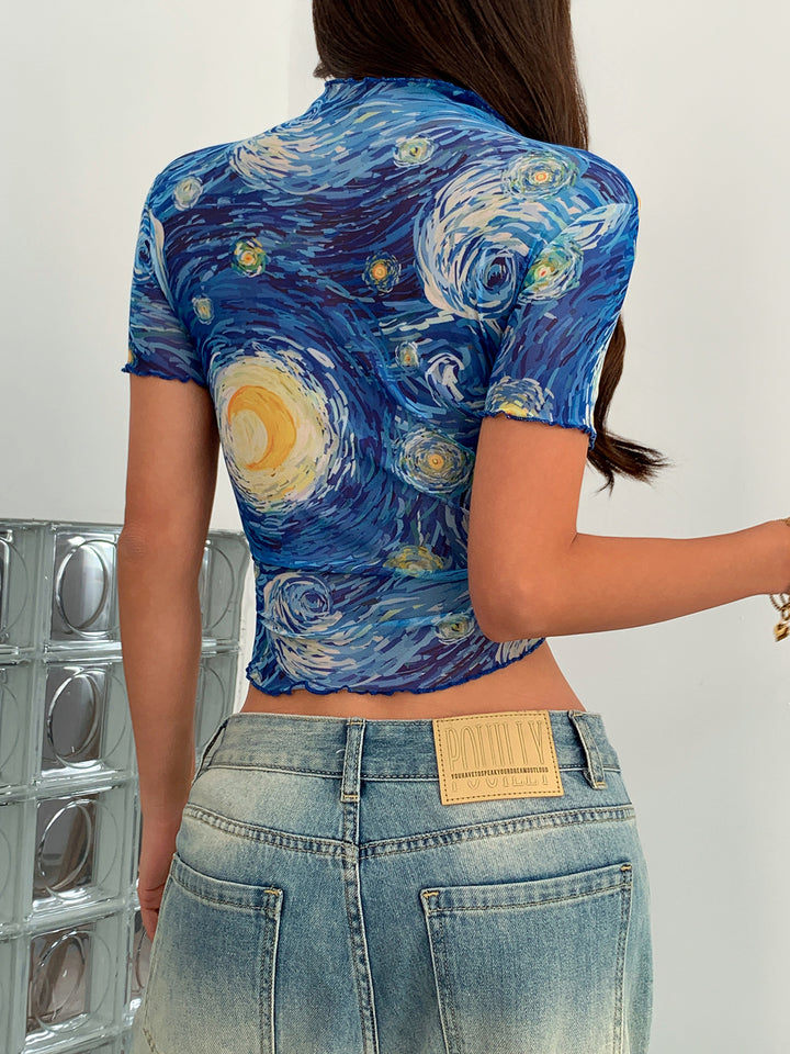 Blue Short Sleeve Abstract Printed Crop Top