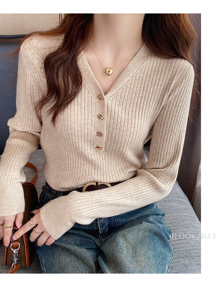 Beige Full Sleeve V Neck Buttoned Fitted Top