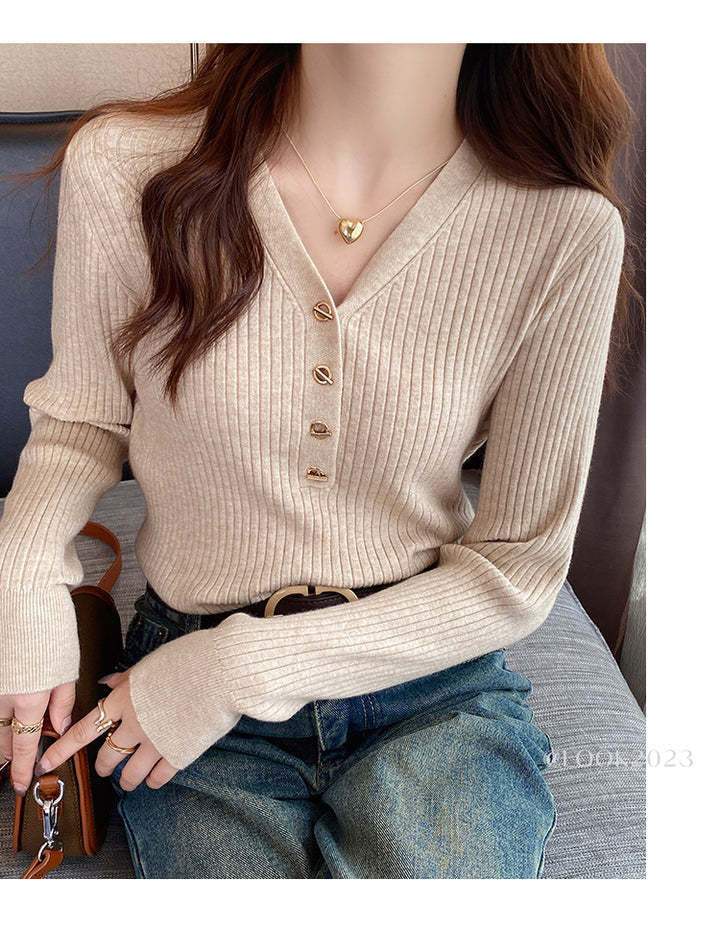 Beige Full Sleeve V Neck Buttoned Fitted Top
