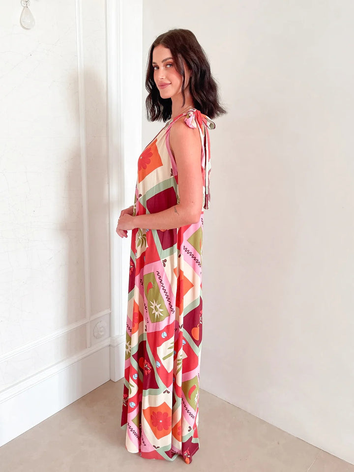 Red Abstract Print One Shoulder Tie-Up Dress