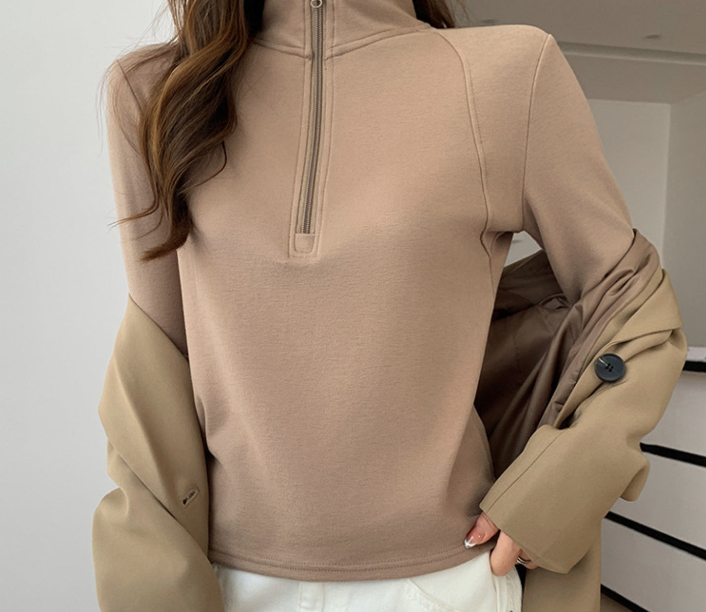 Beige Full Sleeves Half Zip Sweatshirt