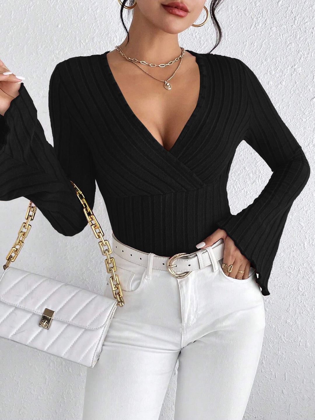 Black V-Neck Bell Sleeved Knit Top
