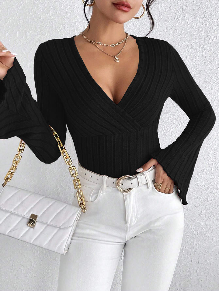 Black V-Neck Bell Sleeved Knit Top