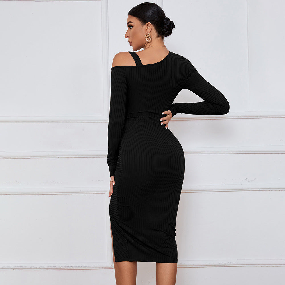 Black Full Sleeve Cold Shoulder Front Ruched Dress