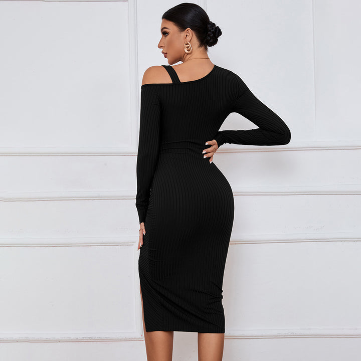 Black Full Sleeve Cold Shoulder Front Ruched Dress