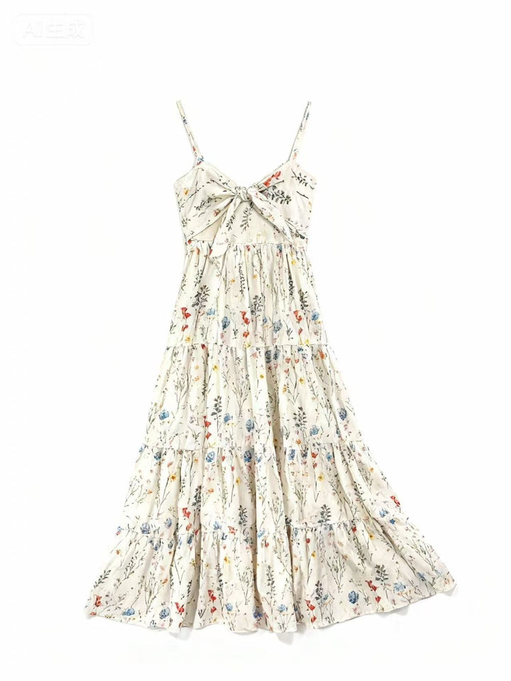 Cream Shoulder Strap Back Bow Tiered Dress