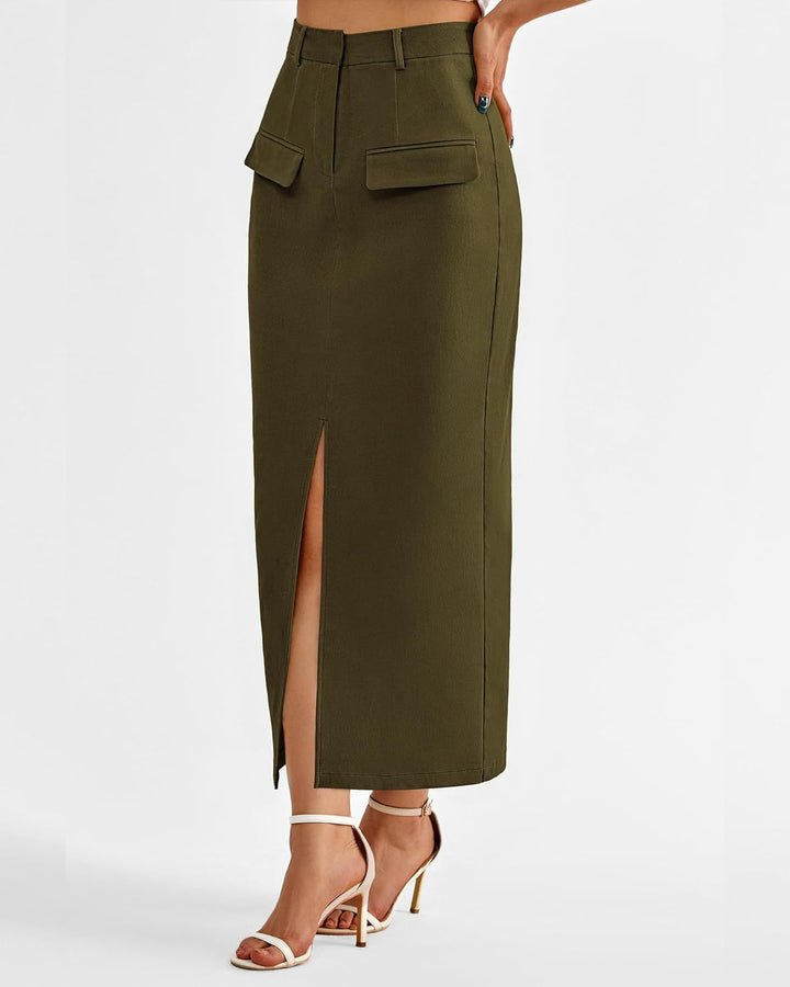 Olive Front Pocket With Pocket Midi Skirt