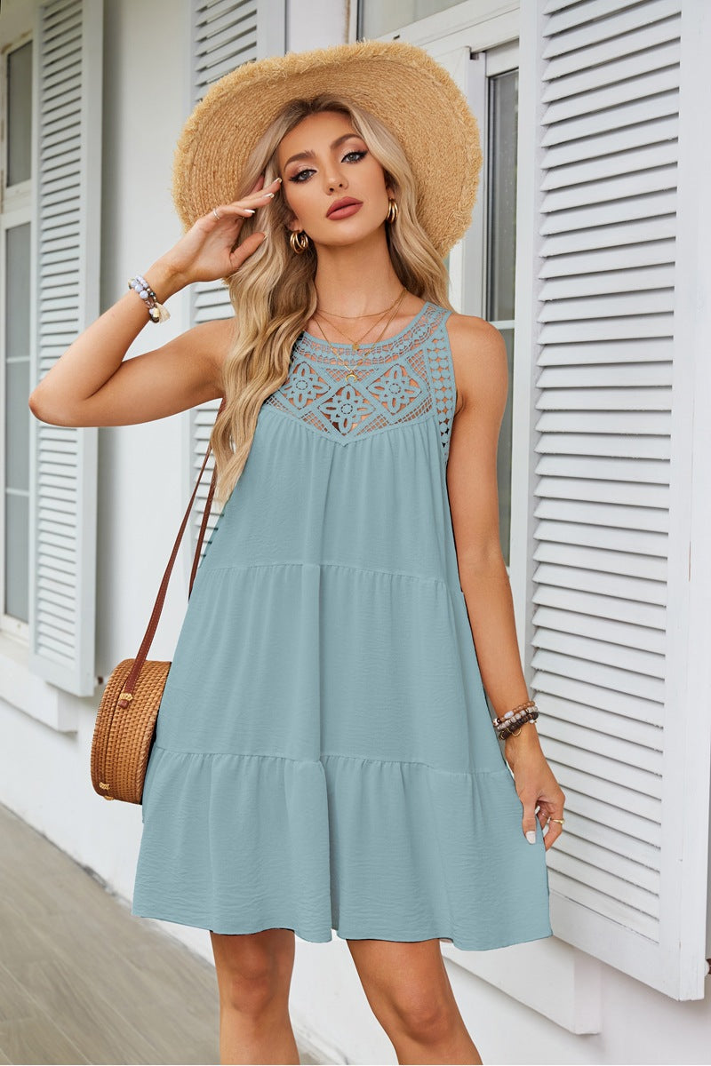 Blue Lace Inserts Tiered Mini Dress