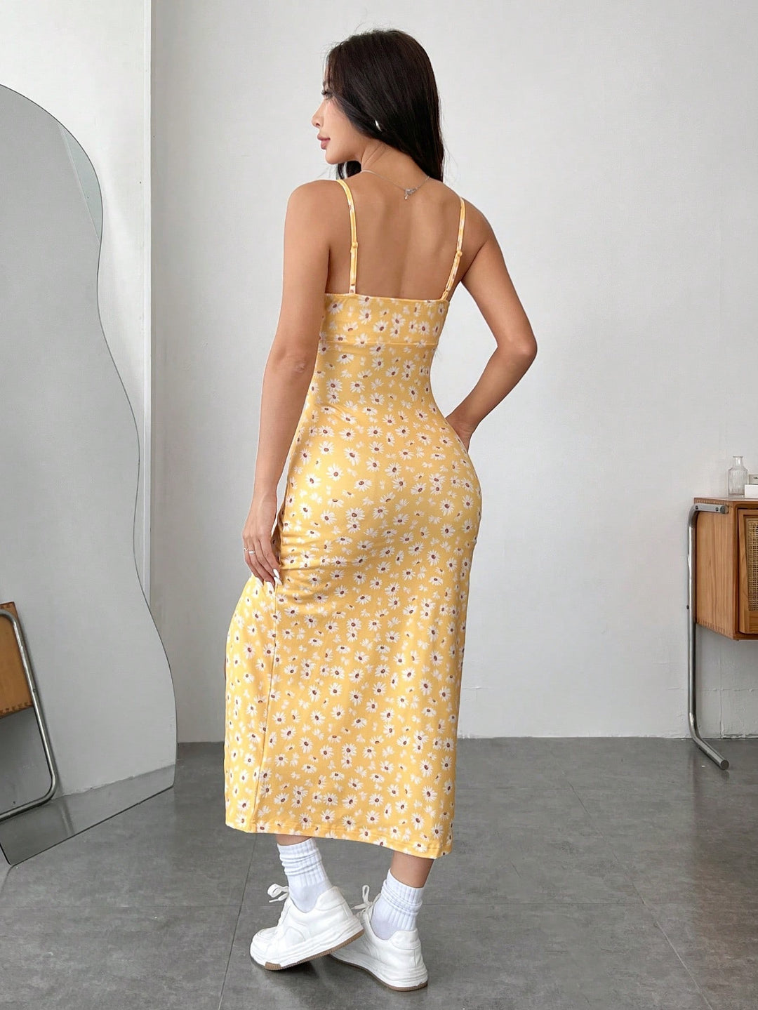 Yellow Shoulder Strap Slit Dress