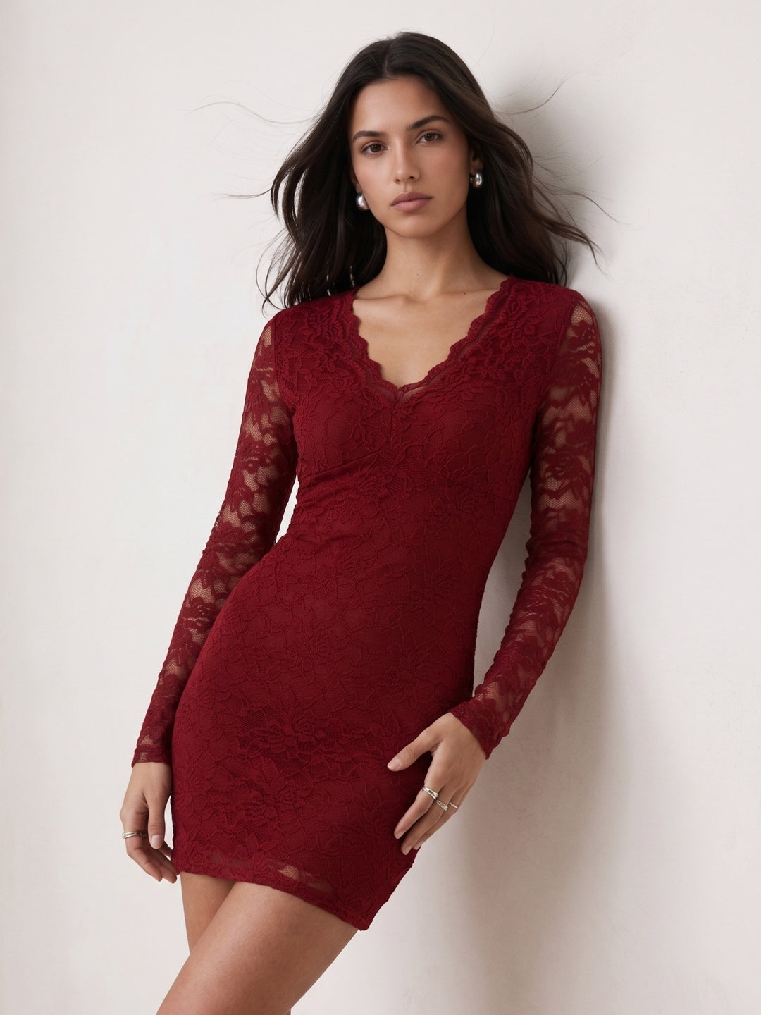 Red Full Sleeve Scallop Neck Fitted Dress