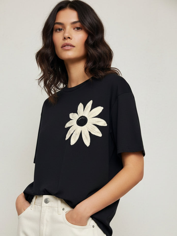Black Short Sleeve Floral Embroidered Top