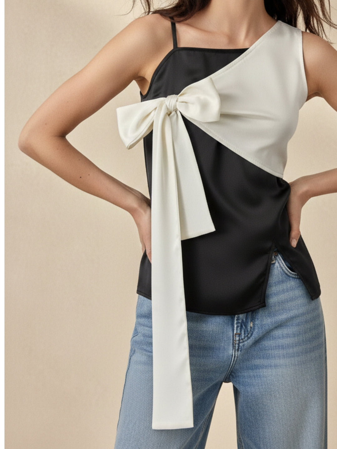 Black Fitted Top With Contrast Tie Up Bow Detail