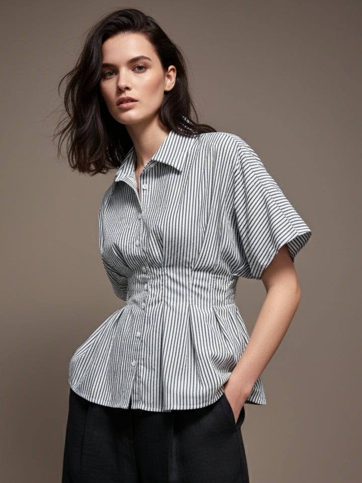 Blue Short Sleeve Waist Fitted Shirt