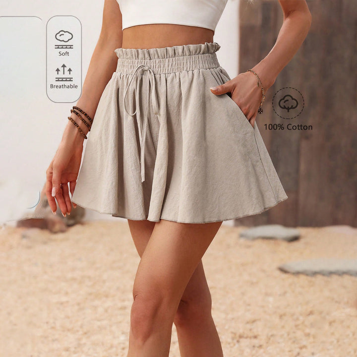 Khaki Drawstring Flared Shorts