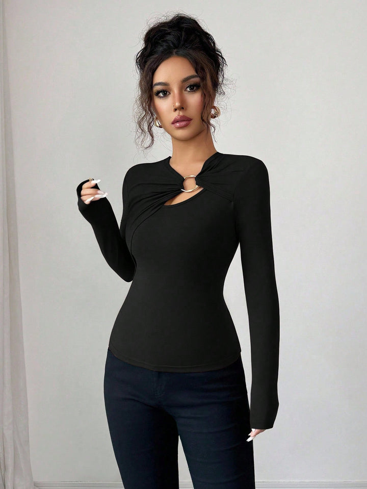 Black Full Sleeve Front Buckle Top