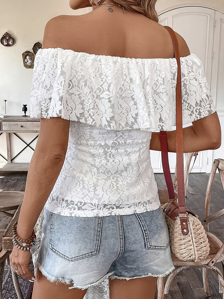 White Off Shoulder Mesh Fitted Top