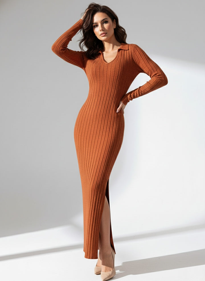 Rust Collared Wide Spaced Rib Dress