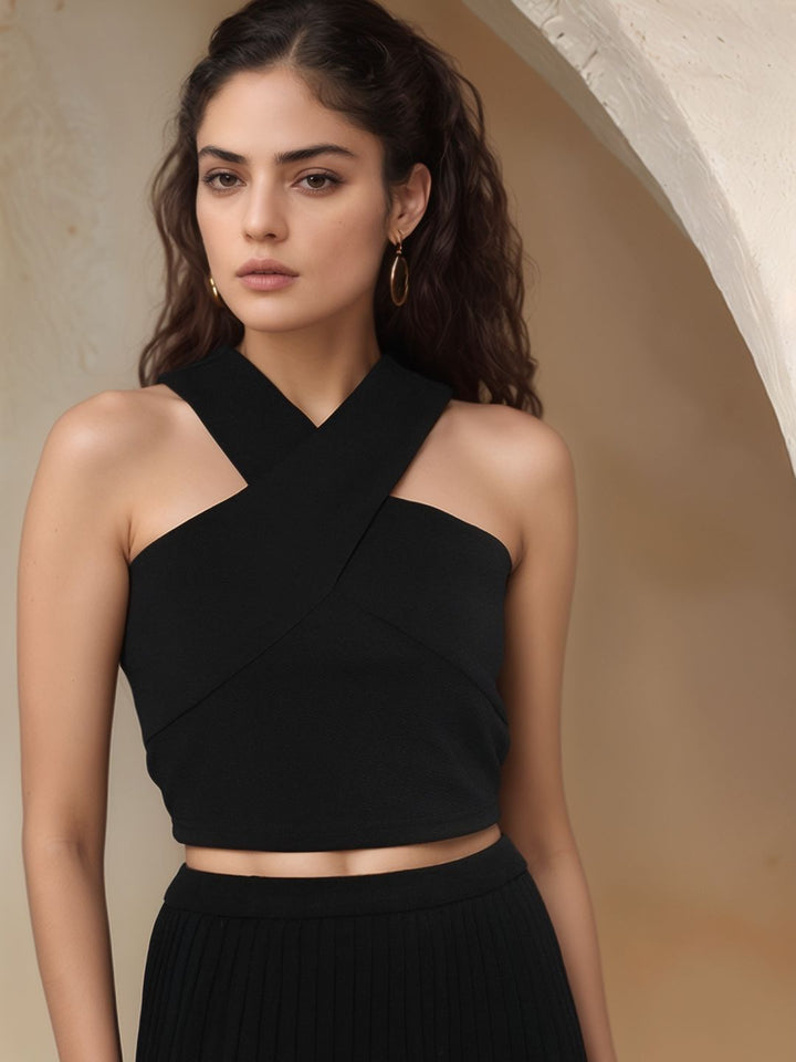 Black Halter Neck Fitted Tank Top